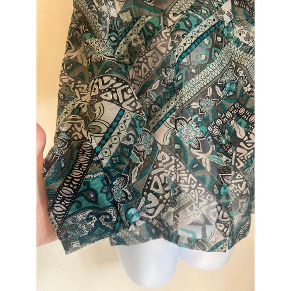 Erin London women's size Small sheer button-up blouse Teal-Black-ETC boho style - Picture 6 of 12